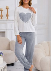 White loungewear,Heart loungewear,Heart Print White Round Neck Lounge Top and Pants