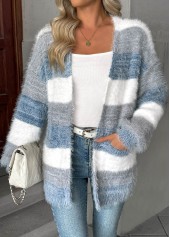 Dusty Blue tops,Striped tops,Geometric tops,Tummy Coverage Dusty Blue V Neck Long Sleeve Cardigan