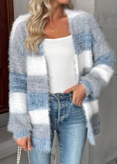 Dusty Blue tops,Striped tops,Geometric tops,Tummy Coverage Dusty Blue V Neck Long Sleeve Cardigan