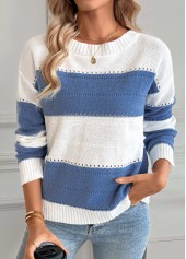 Blue tops,Striped tops,Geometric tops,Tummy Coverage Striped Blue Round Neck Long Sleeve Sweater