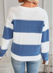 Blue tops,Striped tops,Geometric tops,Tummy Coverage Striped Blue Round Neck Long Sleeve Sweater