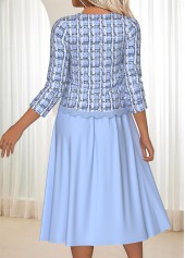 Blue dresses,Plaid dresses,Geometric dresses,Everyday dresses,Casual dresses,ROTITA Tummy Coverage Plaid Blue Round Neck Dress and Cardigan