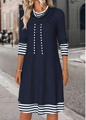 Navy dresses,Striped dresses,Geometric dresses,Everyday dresses,Casual dresses,ROTITA Tummy Coverage Striped Navy Cowl Neck Long Sleeve Dress