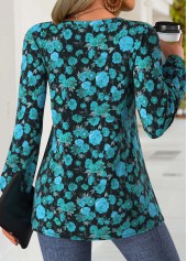 Mint Green tops,Floral tops,Plants tops,ROTITA Peplum Floral Print Mint Green Split Neck Long Sleeve Blouse