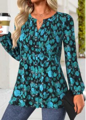 Mint Green tops,Floral tops,Plants tops,ROTITA Peplum Floral Print Mint Green Split Neck Long Sleeve Blouse