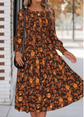 Rotita – Bauchbedeckendes orangefarbenes Kleid mit Blumenmuster und Rundhalsausschnitt