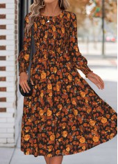 Orange dresses,Floral dresses,Plants dresses,Everyday dresses,Casual dresses,ROTITA Tummy Coverage Floral Print Orange Round Neck Dress