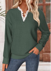 Green tops,Plain Color tops,ROTITA Frill Green Split Neck Long Sleeve Sweatshirt