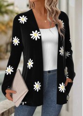 Black tops,Floral tops,Plants tops,ROTITA Tummy Coverage Floral Print Black Long Sleeve Coat
