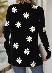 Black tops,Floral tops,Plants tops,ROTITA Tummy Coverage Floral Print Black Long Sleeve Coat