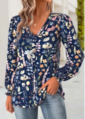 Navy tops,Floral tops,Plants tops,ROTITA Tummy Coverage Floral Print Navy V Neck Blouse