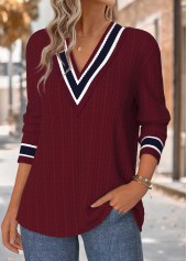Wine Red tops,Contrast Color tops,ROTITA Tummy Coverage Wine Red Long Sleeve T Shirt