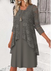 Grey dresses,Plain Color dresses,Casual dresses,ROTITA Tummy Coverage Grey Round Neck Dress and Cardigan