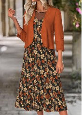 Terracotta dresses,Floral dresses,Plants dresses,Everyday dresses,Casual dresses,ROTITA Tummy Coverage Floral Print Terracotta Dress and Cardigan