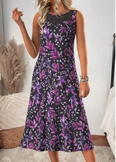 Purple dresses,Floral dresses,Plants dresses,Casual dresses,ROTITA Tummy Coverage Floral Print Purple Dress and Cardigan