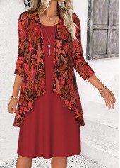 Red dresses,Plants dresses,Casual dresses,ROTITA Tummy Coverage Leaf Print Red Dress and Cardigan