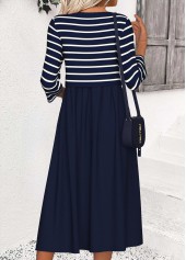 Navy dresses,Striped dresses,Geometric dresses,Casual dresses,ROTITA Tummy Coverage Striped Navy Round Neck 3/4 Sleeve Dress