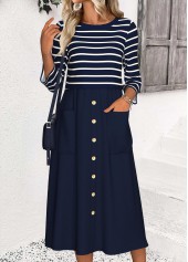 Navy dresses,Striped dresses,Geometric dresses,Casual dresses,ROTITA Tummy Coverage Striped Navy Round Neck 3/4 Sleeve Dress