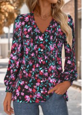 Multi Color tops,Floral tops,Plants tops,ROTITA Frill Floral Print Multi Color V Neck Blouse