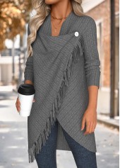 Grey tops,Plain Color tops,ROTITA Tummy Coverage Grey Draped Neck Long Sleeve Coat