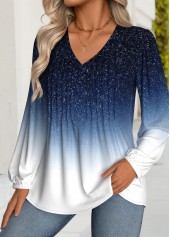 Dark Blue tops,Ombre tops,ROTITA Tummy Coverage Ombre Dark Blue V Neck T Shirt