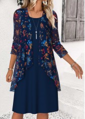 Rotita – Marineblaues Kleid und Cardigan mit Bauchbedeckung und kleinem Blumenmuster