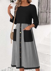 Black dresses,Plaid dresses,Geometric dresses,Everyday dresses,Casual dresses,ROTITA Tummy Coverage Plaid Black Round Neck 3/4 Sleeve Dress