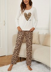 White loungewear,Leopard loungewear,Animal Print loungewear,Leopard White Round Neck Lounge Top and Pants