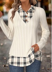 ROTITA Tummy Coverage Plaid Beige Fake Two Piece Twinset