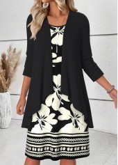robe noire à imprimé floral et cardigan à couverture ventrale Rotita