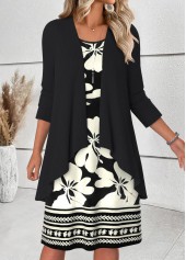 Black dresses,Floral dresses,Plants dresses,Everyday dresses,Casual dresses,ROTITA Tummy Coverage Floral Print Black Dress and Cardigan