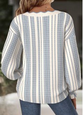 Beige tops,Striped tops,Geometric tops,ROTITA Tummy Coverage Striped Beige V Neck Long Sleeve Sweatshirt