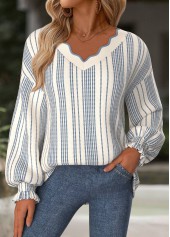 Beige tops,Striped tops,Geometric tops,ROTITA Tummy Coverage Striped Beige V Neck Long Sleeve Sweatshirt