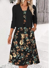 robe noire à imprimé floral et col rond à couverture ventrale Rotita