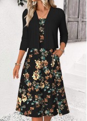 Black dresses,Floral dresses,Plants dresses,Casual dresses,ROTITA Tummy Coverage Floral Print Black Scoop Neck Dress