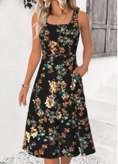 Black dresses,Floral dresses,Plants dresses,Casual dresses,ROTITA Tummy Coverage Floral Print Black Scoop Neck Dress