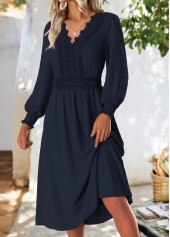 Navy dresses,Plain Color dresses,Casual dresses,ROTITA Tummy Coverage Navy V Neck Long Sleeve Dress
