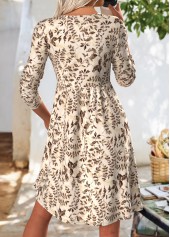 Beige dresses,Plants dresses,Casual dresses,ROTITA Tummy Coverage Leaf Print Beige Round Neck Dress