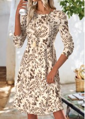 Beige dresses,Plants dresses,Casual dresses,ROTITA Tummy Coverage Leaf Print Beige Round Neck Dress