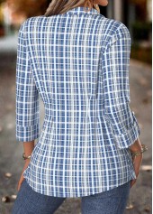 Blue tops,Plaid tops,Geometric tops,ROTITA Tummy Control Plaid Blue Shirt Collar Long Sleeve Blouse