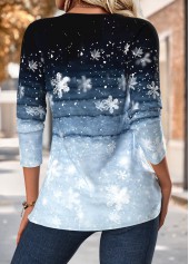 Blue tops,Christmas tops,ROTITA Tuck Stitch Snowflake Print Blue Split Neck Blouse