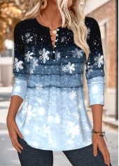 Blue tops,Christmas tops,ROTITA Tuck Stitch Snowflake Print Blue Split Neck Blouse