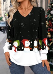 T-shirt col V noir à imprimé bonhomme de neige et point plié Rotita