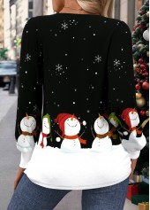 Black tops,Christmas tops,ROTITA Tuck Stitch Snowman Print Black V Neck T Shirt