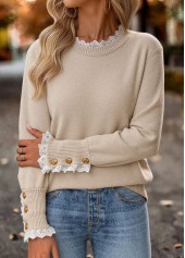 Light Camel tops,Plain Color tops,ROTITA Tummy Coverage Light Camel Round Neck Long Sleeve Sweater