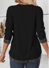 Black tops,Plain Color tops,ROTITA Tummy Coverage Black Draped Neck Long Sleeve T Shirt