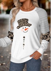 White tops,Christmas tops,ROTITA Tummy Coverage Snowman Print White Round Neck Sweatshirt