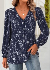 Rotita – Marineblaue Bluse mit Rüschen und Blumenmuster und V-Ausschnitt und langen Ärmeln