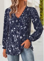 Navy tops,Floral tops,Plants tops,ROTITA Frill Floral Print Navy V Neck Long Sleeve Blouse