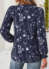 Navy tops,Floral tops,Plants tops,ROTITA Frill Floral Print Navy V Neck Long Sleeve Blouse